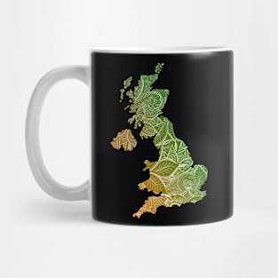 Colorful mandala art map of United Kingdom with text in green and orange Mug